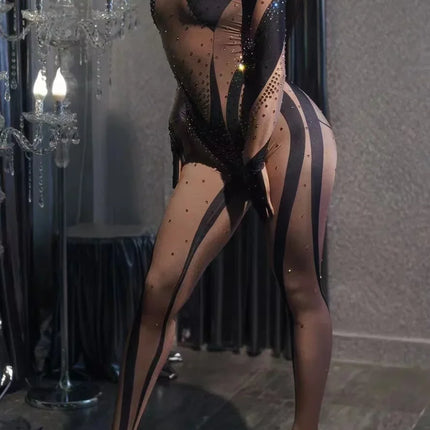Sparkly Rhinestone Cutout Catsuit Jumpsuit with Matching Gloves Stage Dancewear