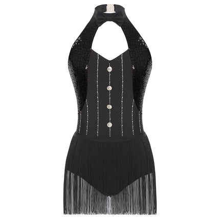 The Stardust Tuxedo Tassel Bodysuit – Luxury Sequins & Rhinestone Showgirl Leotard
