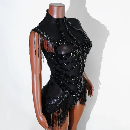 The Stardust Midnight Cabaret Bodysuit – Luxury Rhinestone & Mesh Showgirl Costume