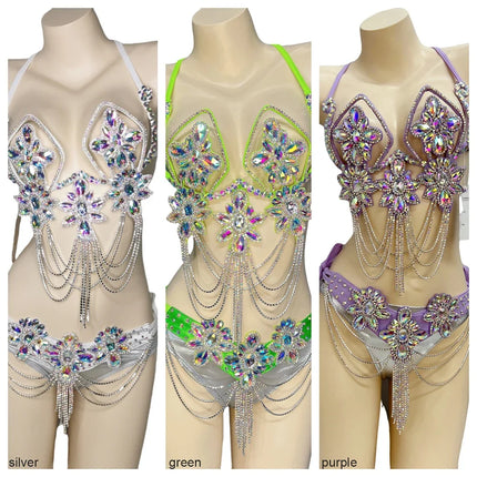 Handmade Samba Carnival Crystal Wire Bra, Panty & Belt 3-Piece Costume Set