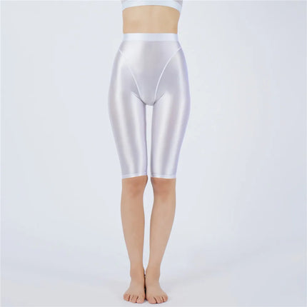 Oil Glossy High-Stretch Knee-Length Shorts Satin Shine Performance Biker Shorts