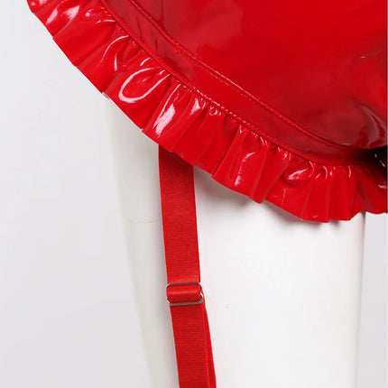 Wet-Look PU Leather Ruffled Bloomer Shorts Attached Garter Clips Briefs