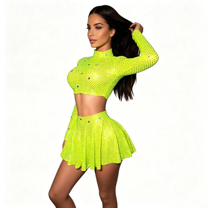 Neon Lime Rhinestone Crop Top & Fringe Mini Skirt 2-Piece Stage Costume Set