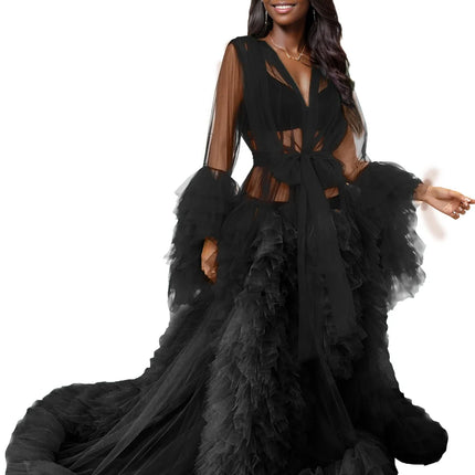 Voluminous Illusion Tulle Ruffle Long Robe Dressing Gown