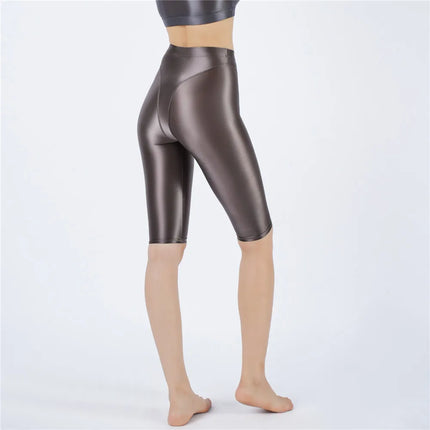 Oil Glossy High-Stretch Knee-Length Shorts Satin Shine Performance Biker Shorts