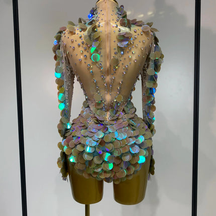 Iridescent Mermaid Scale Sequin & Rhinestone Illusion Bodysuit Stage Costume