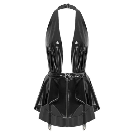 Glossy Wet-Look Halter Romper Bodysuit with Flared Skirt Hem & Integrated Garters