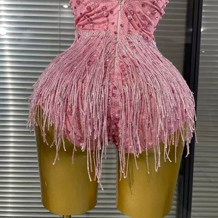 Vintage-Inspired Beaded Tassel Bodysuit Performance Costume