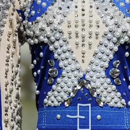 Royal Blue Pearl & Rhinestone Long Sleeve Romper Belted Stage Dance Costume