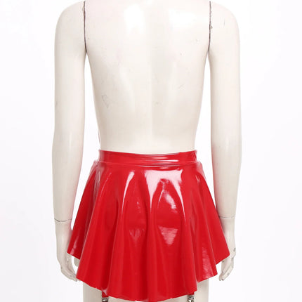 Glossy Wet-Look Halter Romper Bodysuit with Flared Skirt Hem & Integrated Garters