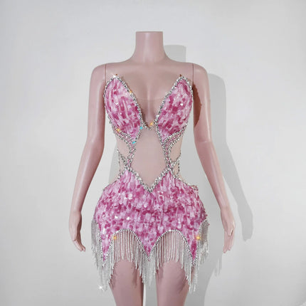 Sequin Beaded Tassels Mini Dress Crystals Mesh Bodycon Stage Performance Outfit