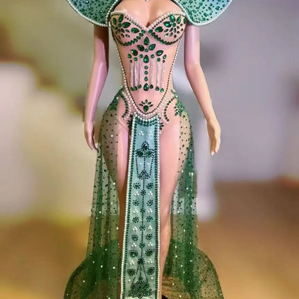 Emerald Green Rhinestone Mesh Bodysuit & Sculpted Peacock Cloak Stage Costume Set