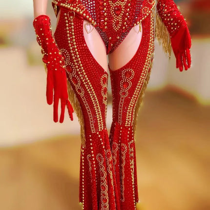 The Stardust Showstopper 4-Piece Rhinestone Ensemble – Luxury Stage Bodysuit & Jumpsuit Set