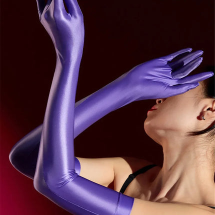 Oil Glossy Satin Smooth Five-Finger Long Elbow Gloves High-Stretch Luxury Evening Gloves