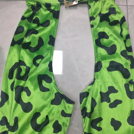 Neon Green Leopard Bikini Top, Wide-Leg Chaps Pants & Hat 4-Piece Stage Dance Costume Set