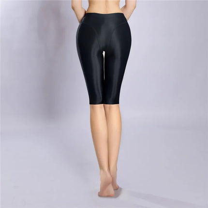 Women's Oil Glossy Sheer High-Waist Shaping Shorts Satin Smooth Leggings