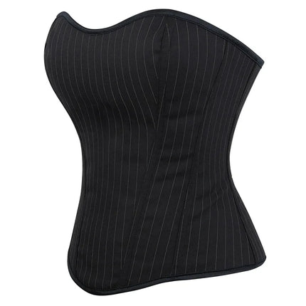 Black Striped Overbust Corset Top Zipper Front Lace-Up Bustier Body Shaper