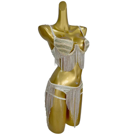 Rhinestone Tassel Bra Top & High-Waist Hollow-Out Shorts 2-Piece Costume Set