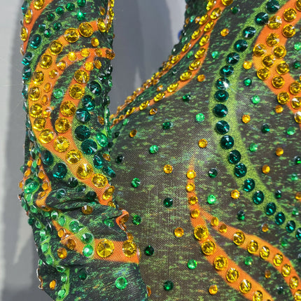 Gold & Emerald Swirl Rhinestone Illusion Maxi Gown Long Sleeve Floor-Length Evening Dress
