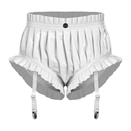 Wet-Look PU Leather Ruffled Bloomer Shorts Attached Garter Clips Briefs
