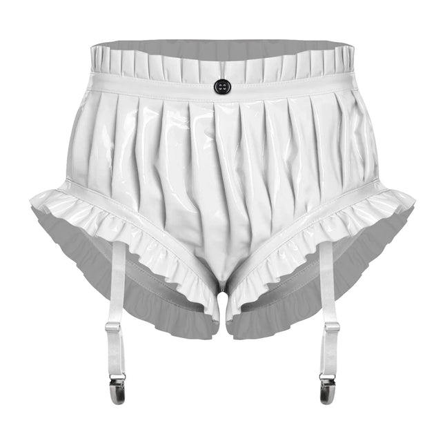 Wet-Look PU Leather Ruffled Bloomer Shorts Attached Garter Clips Briefs