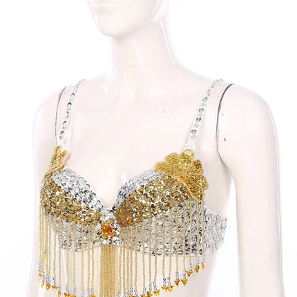 Sparkly Floral Beaded Sequin Belly Dance Bra & Tassel Performance Top