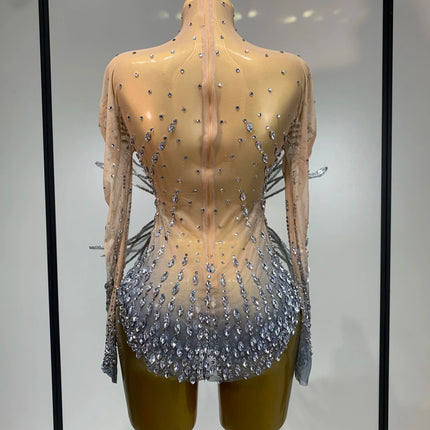 Luxury Shining Diamond See-Through Mesh Bodysuit Stage Performance Jumpsuit