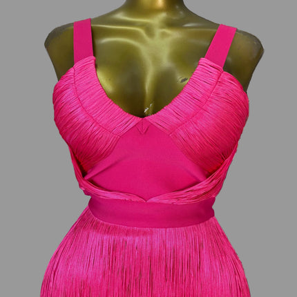 Hot Pink Asymmetrical Fringe Bandage Midi Dress & One-Shoulder Gala Party Dress