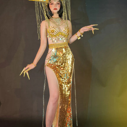 Egyptian Dance Queen Gold Rhinestone Bikini & Sequins Skirt Stage Performance Costume Set