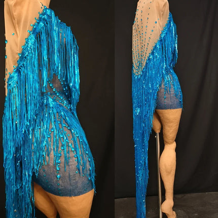 Sparkly Blue Rhinestone & Tassel Sheer Mesh Mini Dress Stage Costume