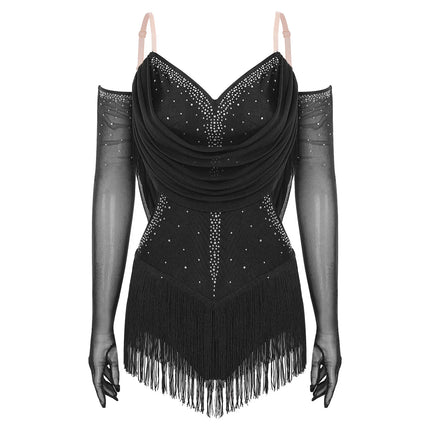 Sparkly Rhinestone & Tassel Fringe Dance Leotard with Gloves Two-Piece Stage Costume