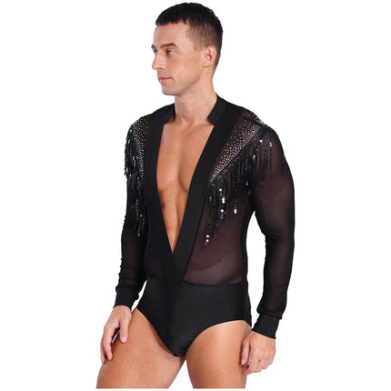 Men's Latin Salsa Sequin Tassel & Rhinestone V-Neck Performance Leotard Bodysuit