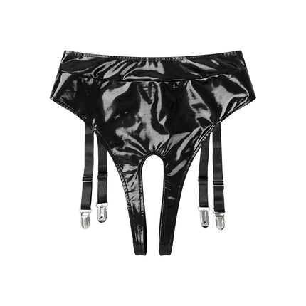 High-Waist Patent Leather Crotchless Thong & Garter Clip Lingerie