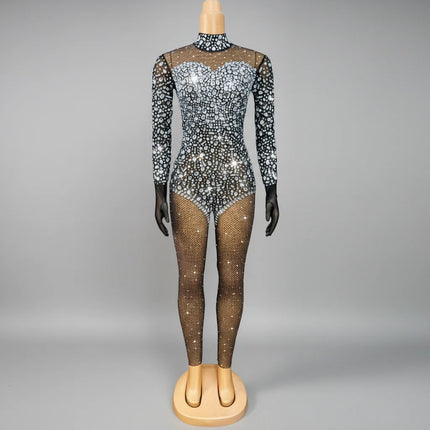 Silver Crystal Black Stocking Jumpsuit Drag Queen Nightclub Performer Catsuit