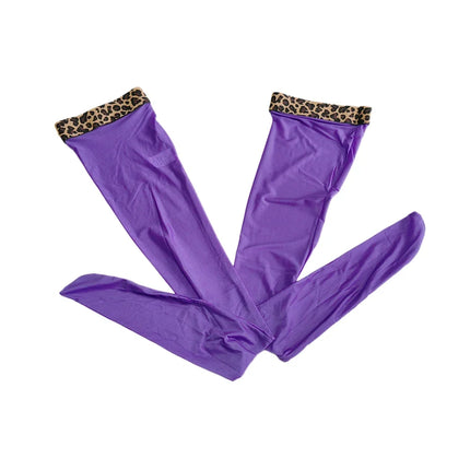 Satin Smooth Oil Shiny Thigh-High Stockings Leopard Print Trim Glossy Tights