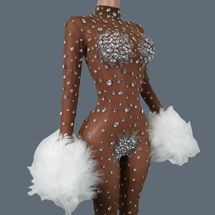 Sparkly Rhinestone & Feather Cuffed Jumpsuit Stage Performance Catsuit Costume