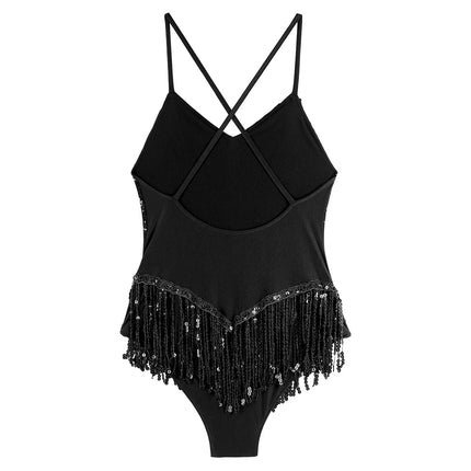 Sequins Fringed Cross Back Latin Dance Leotard Sleeveless V-Neck Bodysuit