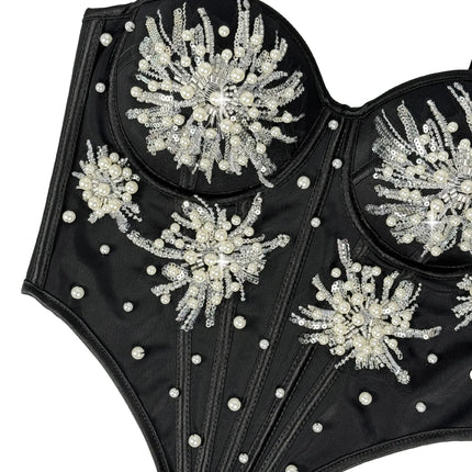 Pearl & Sequin Embroidered Floral Bustier Corset Top Asymmetric Camisole Bralette
