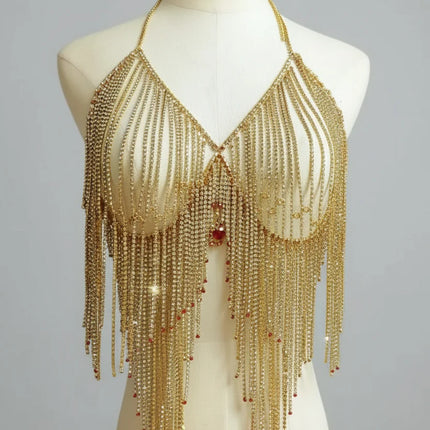 Dazzling Crystal Tassel Bikini Bra Chain & Love Pendant Chest Jewelry