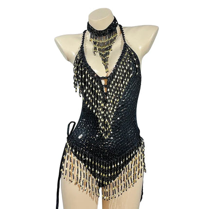 Beaded Sequin Tassel Performance Bodysuit