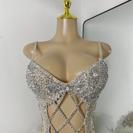 The Stardust Follies Feather Bodysuit – Luxury Rhinestone & Mesh Showgirl Costume