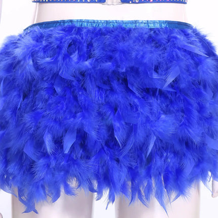 Glittery Rhinestone & Faux Feather Latin Dance Leotard Halter Bodysuit