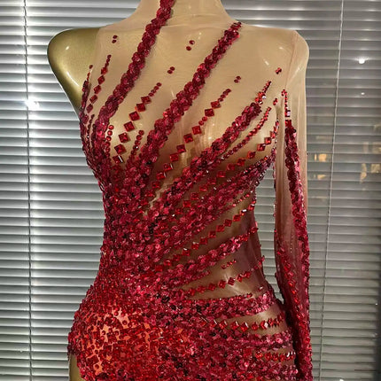 Gold Crystal Illusion Sweetheart Gown High-Slit Mermaid Train Evening Dress