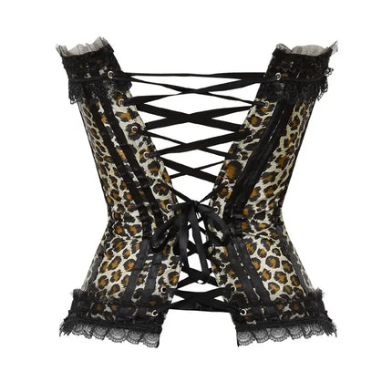 Leopard Satin Overbust Corset Lace Bowknot Clubwear Showgirl Body Shaper