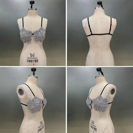 Handmade Crystal Flower Embroidery Rhinestone Costume Bra