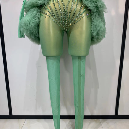 Luxury Green Diamonds Mesh See-Through Long Sleeve Jumpsuit Stage Performance Costume