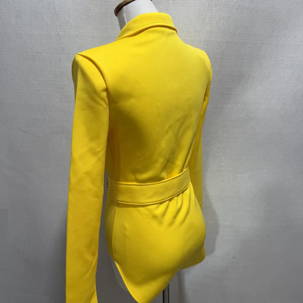 Women's Long Sleeve Blazer Bodysuit with Crystal Belt, V-Neck Zipper Stage & Concert Performance Costume