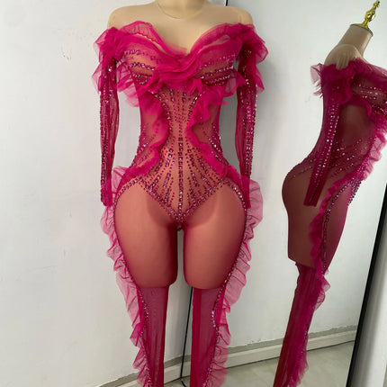 Sparkly Diamonds Women Long Sleeve See Through Mesh Tight Jumpsuit Costume Nightclub Dancer Outfit Performance Stage Wear