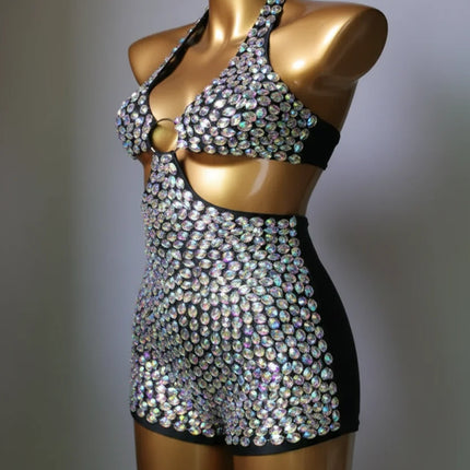 3-Piece Crystal Bra & Mesh Cover-Up Set – Luxury Rhinestone Bikini, Sling Dress & Gauze Skirt Ensemble for Festivals & Beach Clubs