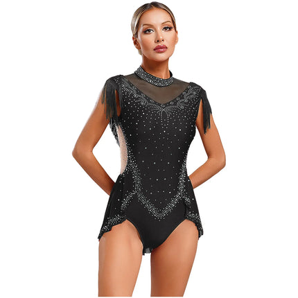 Rhinestone Mock Neck Mesh Tassel Leotard